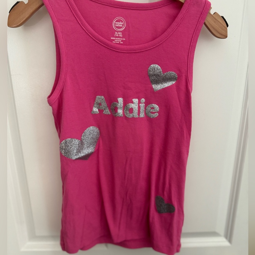 “Addie” pink tank top with silver hearts girls size large 14/16